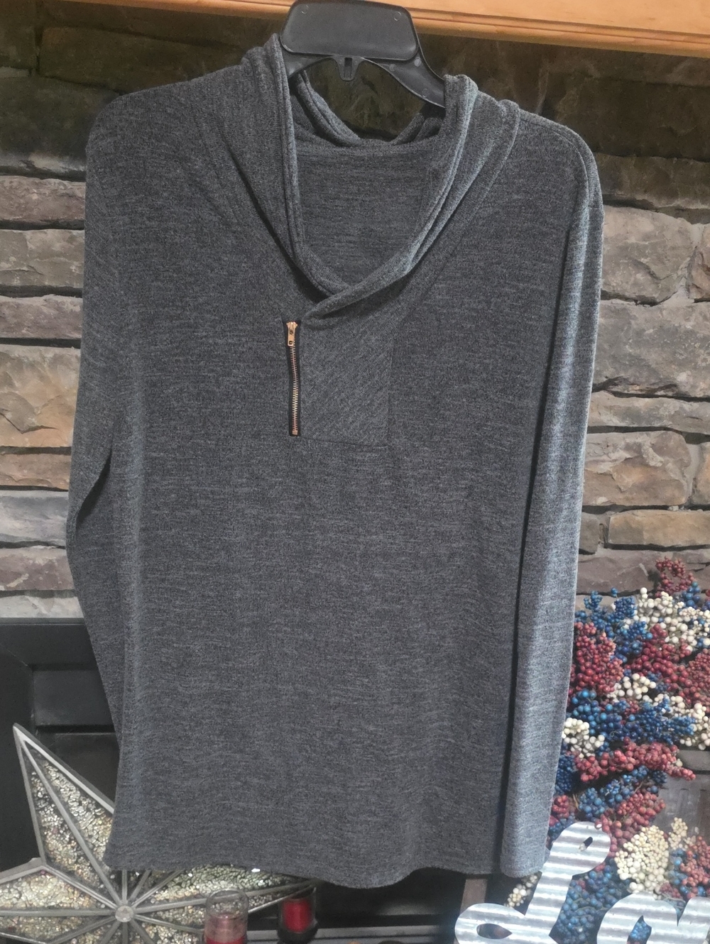 Gray Asymetrical Cowl Neck Zip Thin Sweater/Shirt Sz L/XL
